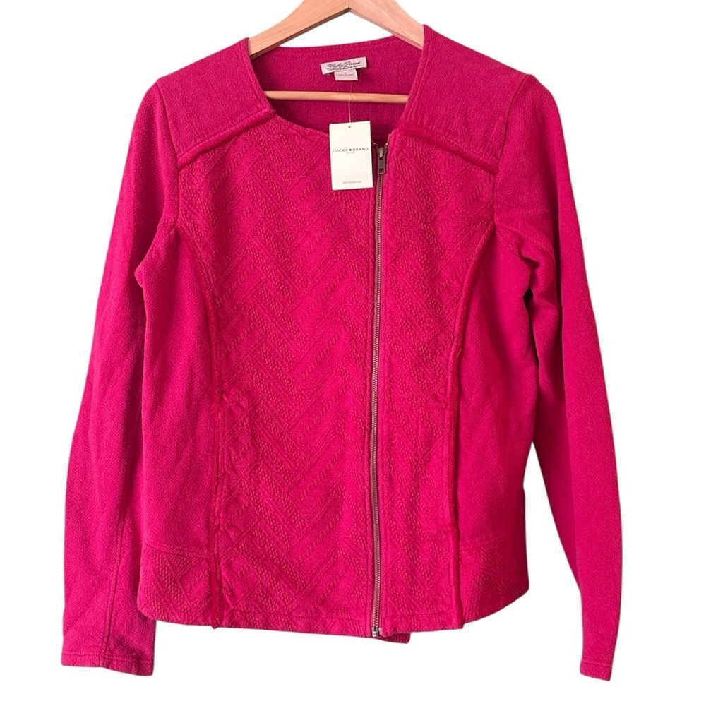 NWT Lucky Brand Pink Embroidered Distressed Zip Blazer Jacket Sz L